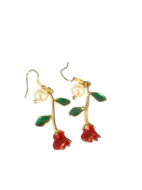New Fashion Jewelry Gold-Tone Earrings with Red Rose, Green Leaves and Pearl